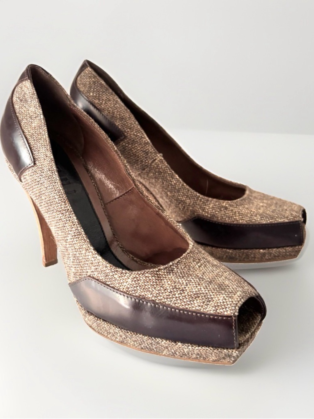 Vintage Marni Brown Tweed Peep Toe Platform Pumps w/Leather Trim
Wooden Heel